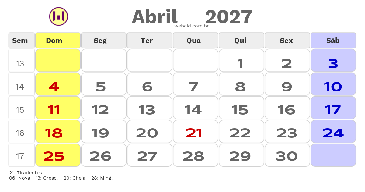Calendário 2027 - Abril - Feriados Bancários com feriados e fases da lua