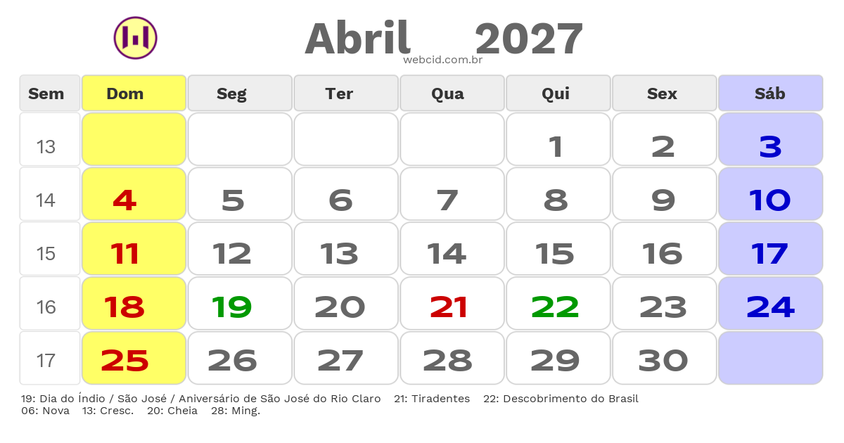 Calendário 2027 - Abril - São José do Rio Claro-MT com feriados e fases da lua