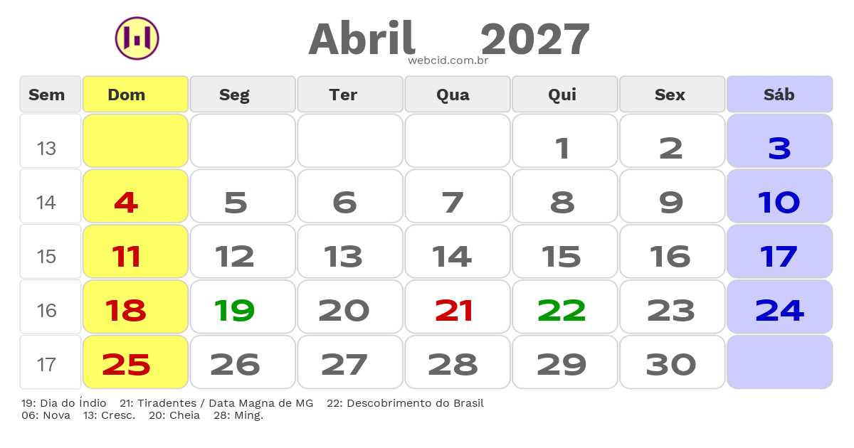 Calendário 2027 - Abril - Ribeirão das Neves-MG com feriados e fases da lua