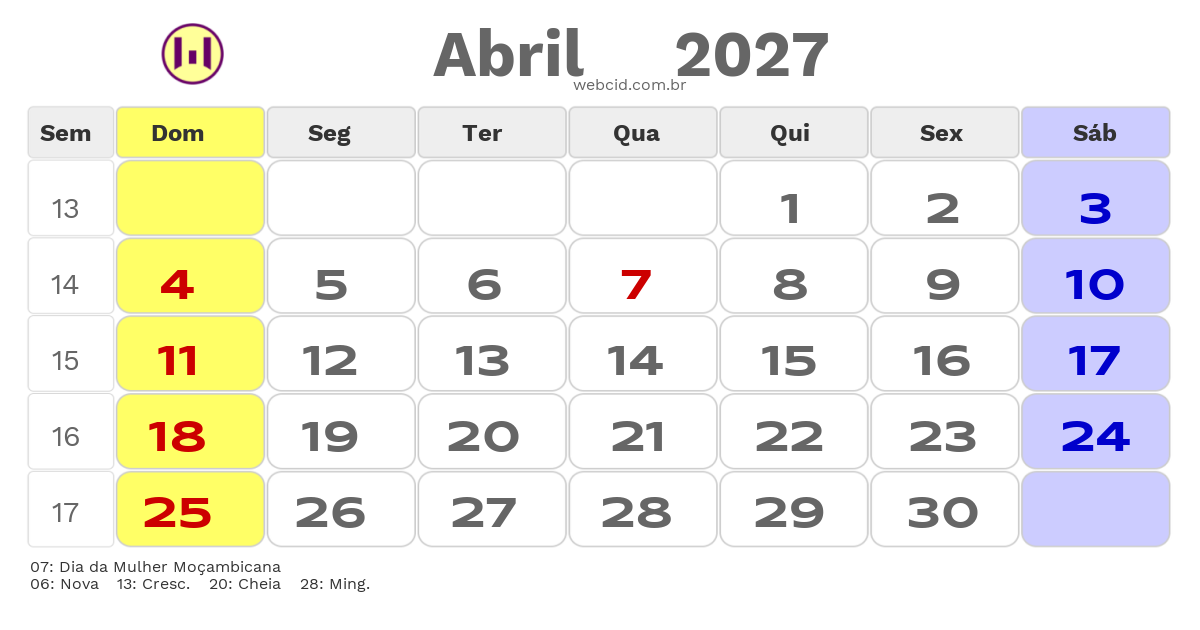 Calendário 2027 - Abril - Moçambique com feriados e fases da lua