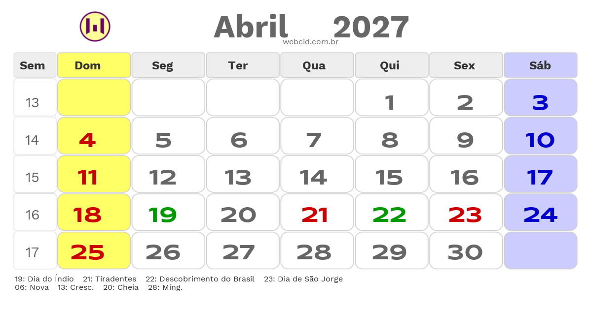 Calendário 2027 - Abril - Itaperuna-RJ com feriados e fases da lua