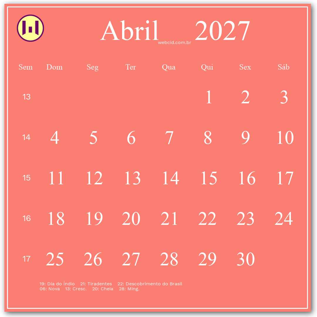 Calendário 2027 - Abril - Brasil com feriados e fases da lua