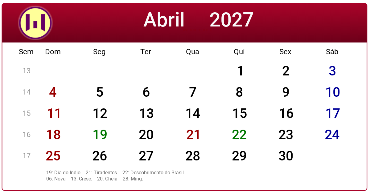 Calendário 2027 - Abril - Brasil com feriados e fases da lua