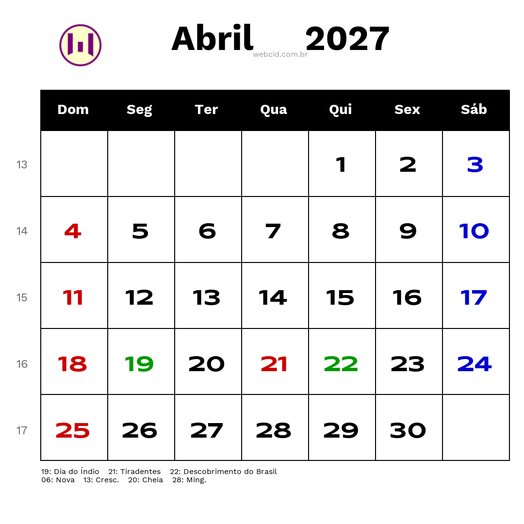 Calendário 2027 - Abril - Brasil com feriados e fases da lua