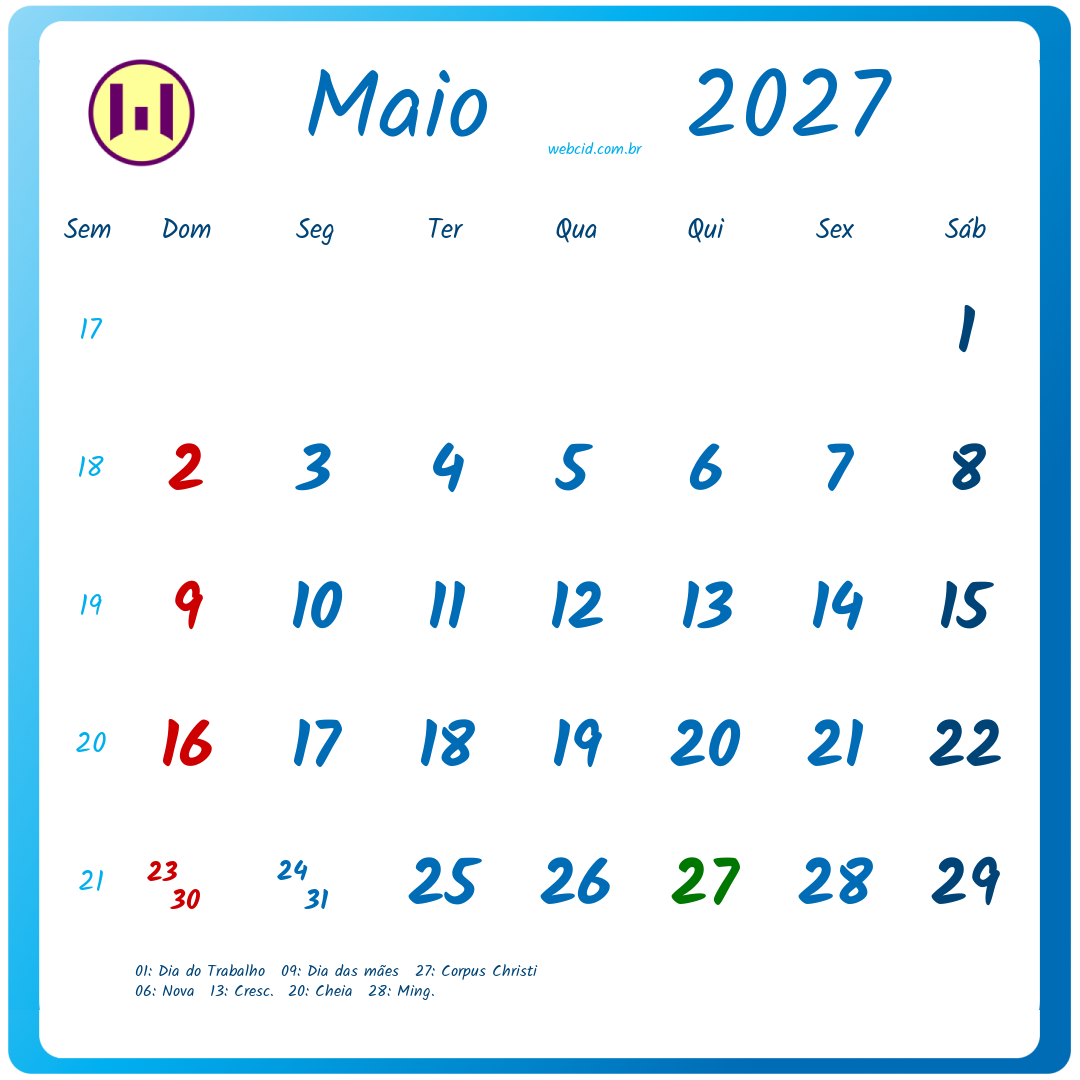 Calendário 2027 - Maio - Brasil com feriados e fases da lua