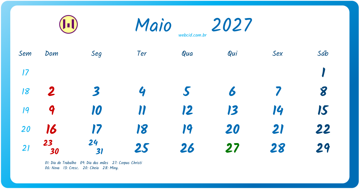 Calendário 2027 - Maio - Brasil com feriados e fases da lua