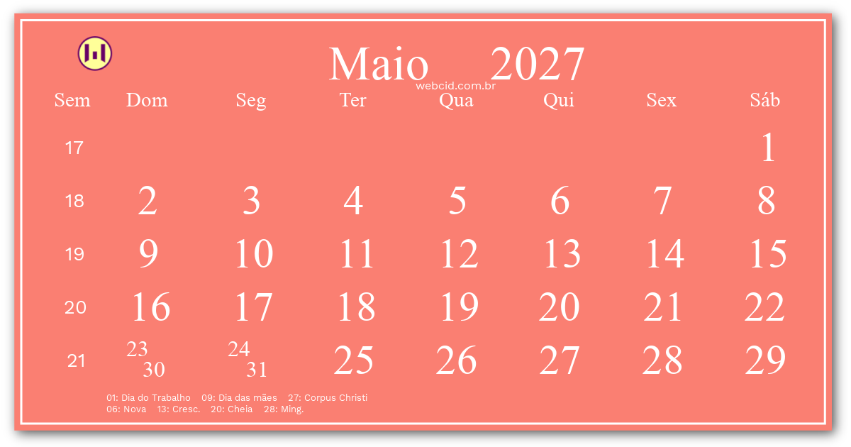 Calendário 2027 - Maio - Brasil com feriados e fases da lua