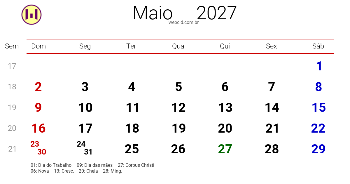 Calendário 2027 - Maio - Brasil com feriados e fases da lua