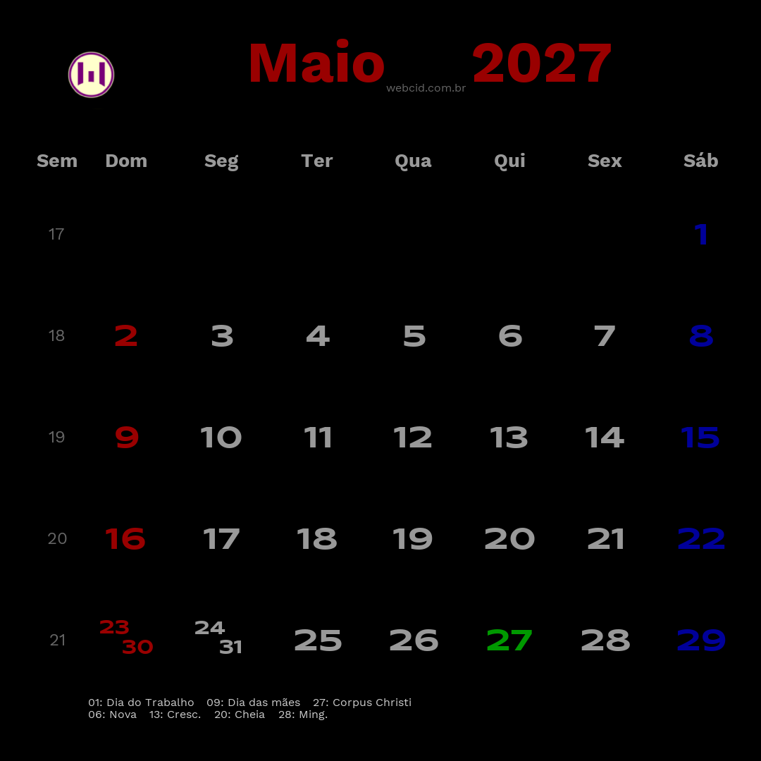 Calendário 2027 - Maio - Brasil com feriados e fases da lua