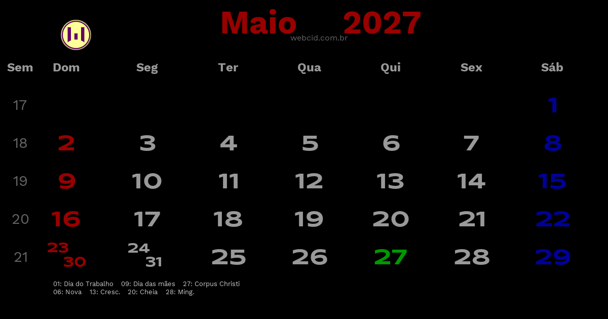 Calendário 2027 - Maio - Brasil com feriados e fases da lua