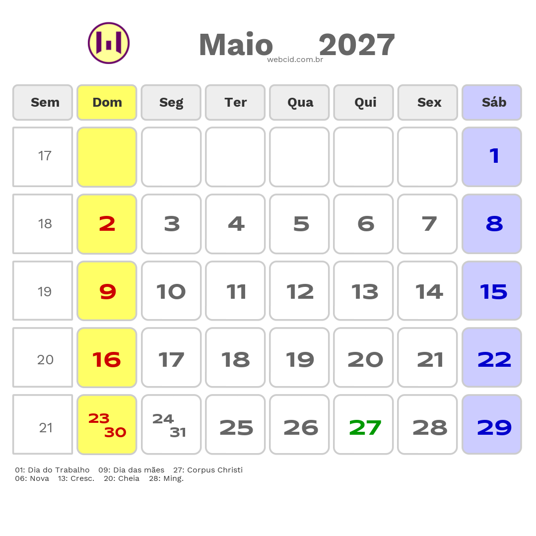 Calendário 2027 - Maio - Feijó-AC com feriados e fases da lua