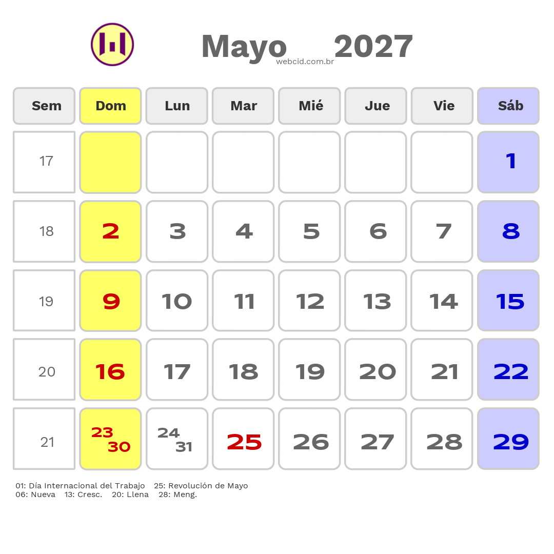 Calendario 2027 - Mayo - Argentina com feriados e fases da lua