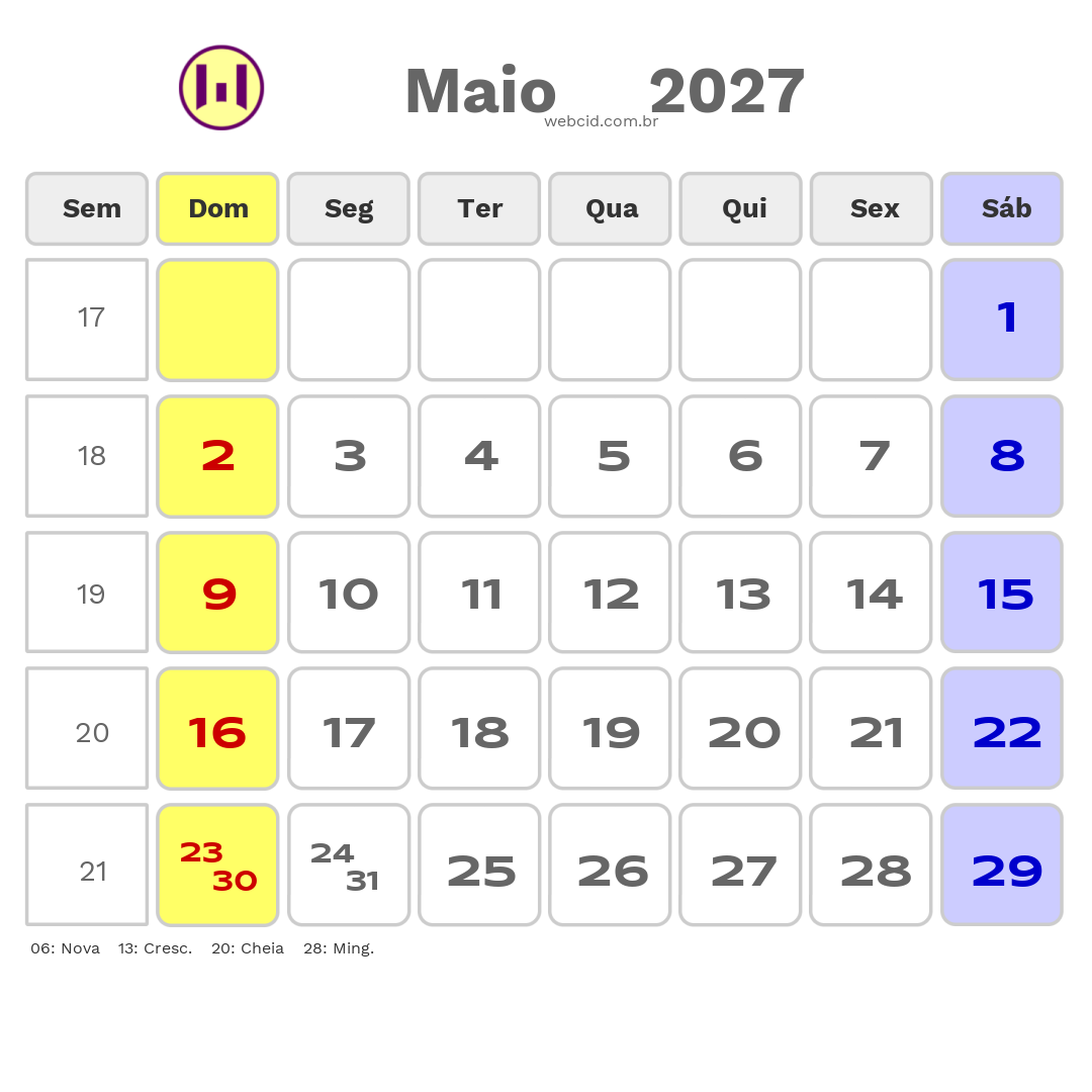 Calendário 2027 - Maio - Copa do Mundo FIFA com feriados e fases da lua