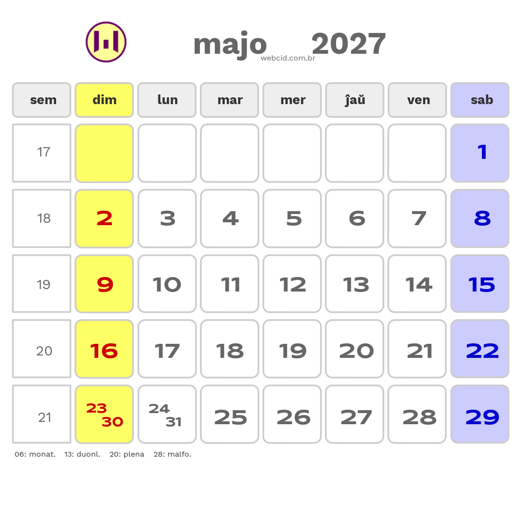 Kalendaro 2027 - majo - Esperanto-ESPERANTO com feriados e fases da lua