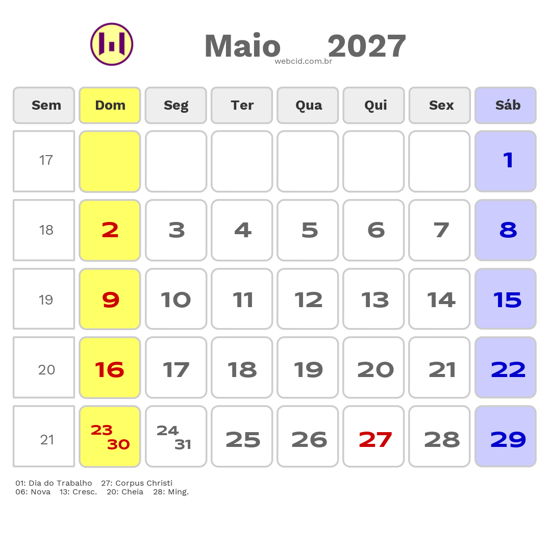 Calendário 2027 - Maio - Feriados Bancários com feriados e fases da lua