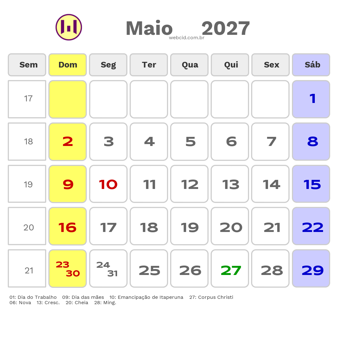 Calendário 2027 - Maio - Itaperuna-RJ com feriados e fases da lua