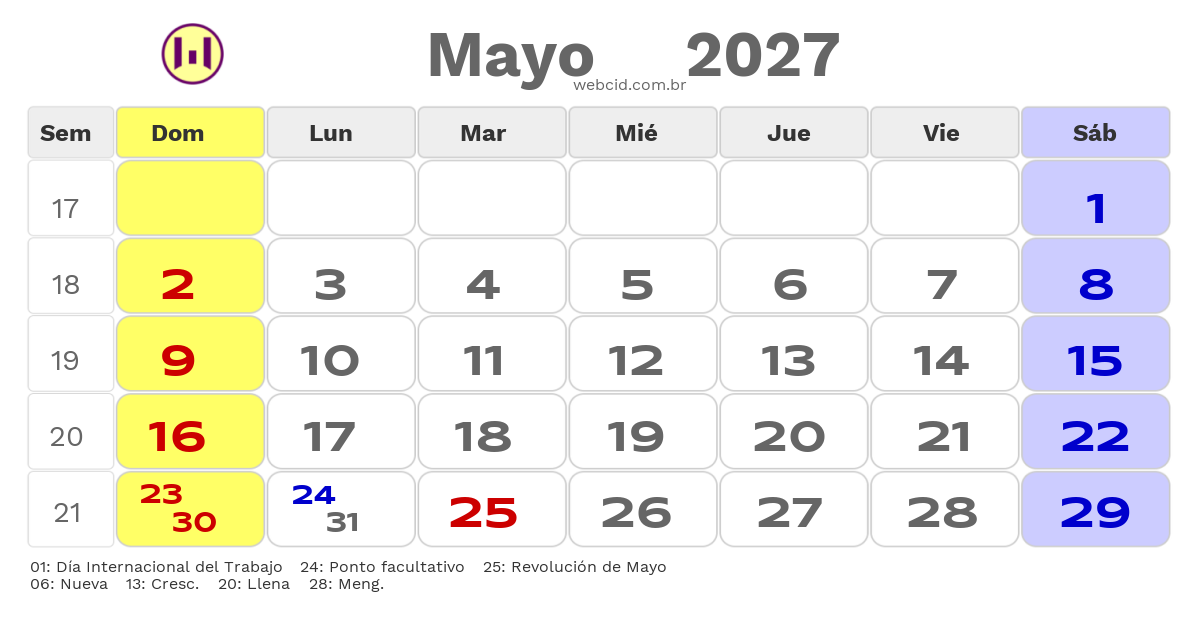 Calendario 2027 - Mayo - Argentina com feriados e fases da lua