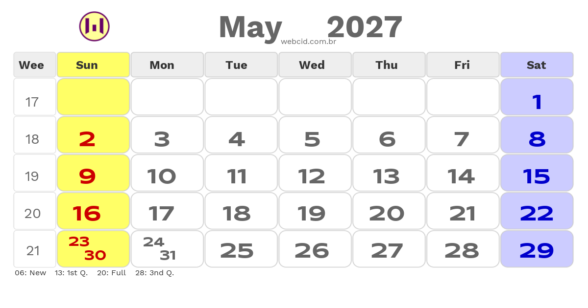 Calendar 2027 - May - Austrália com feriados e fases da lua
