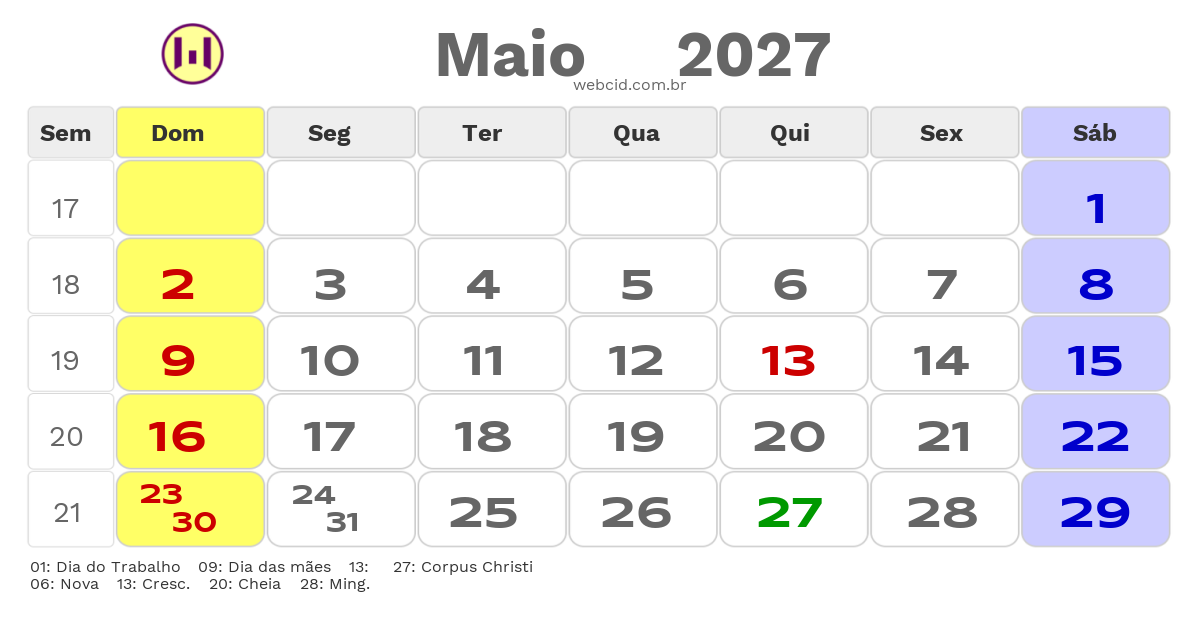 Calendário 2027 - Maio - Nova Fatima-BA com feriados e fases da lua