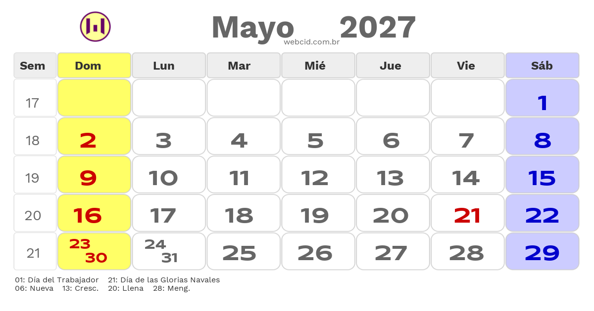 Calendario 2027 - Mayo - Chile com feriados e fases da lua