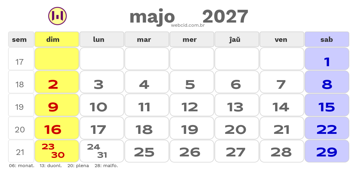 Kalendaro 2027 - majo - Esperanto-ESPERANTO com feriados e fases da lua