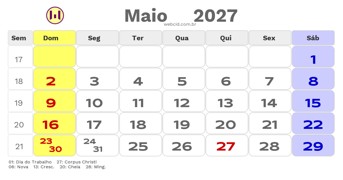 Calendário 2027 - Maio - Feriados Bancários com feriados e fases da lua