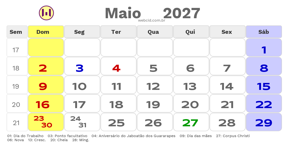 Calendário 2027 - Maio - Jaboatão dos Guararapes-PE com feriados e fases da lua
