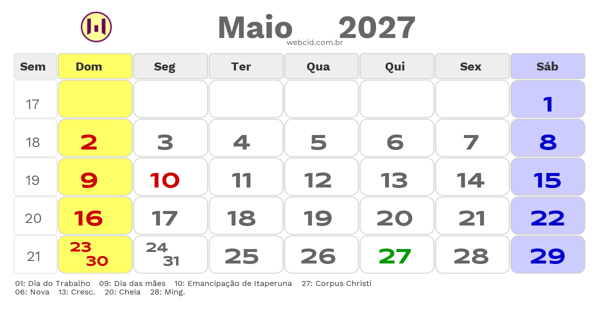 Calendário 2027 - Maio - Itaperuna-RJ com feriados e fases da lua