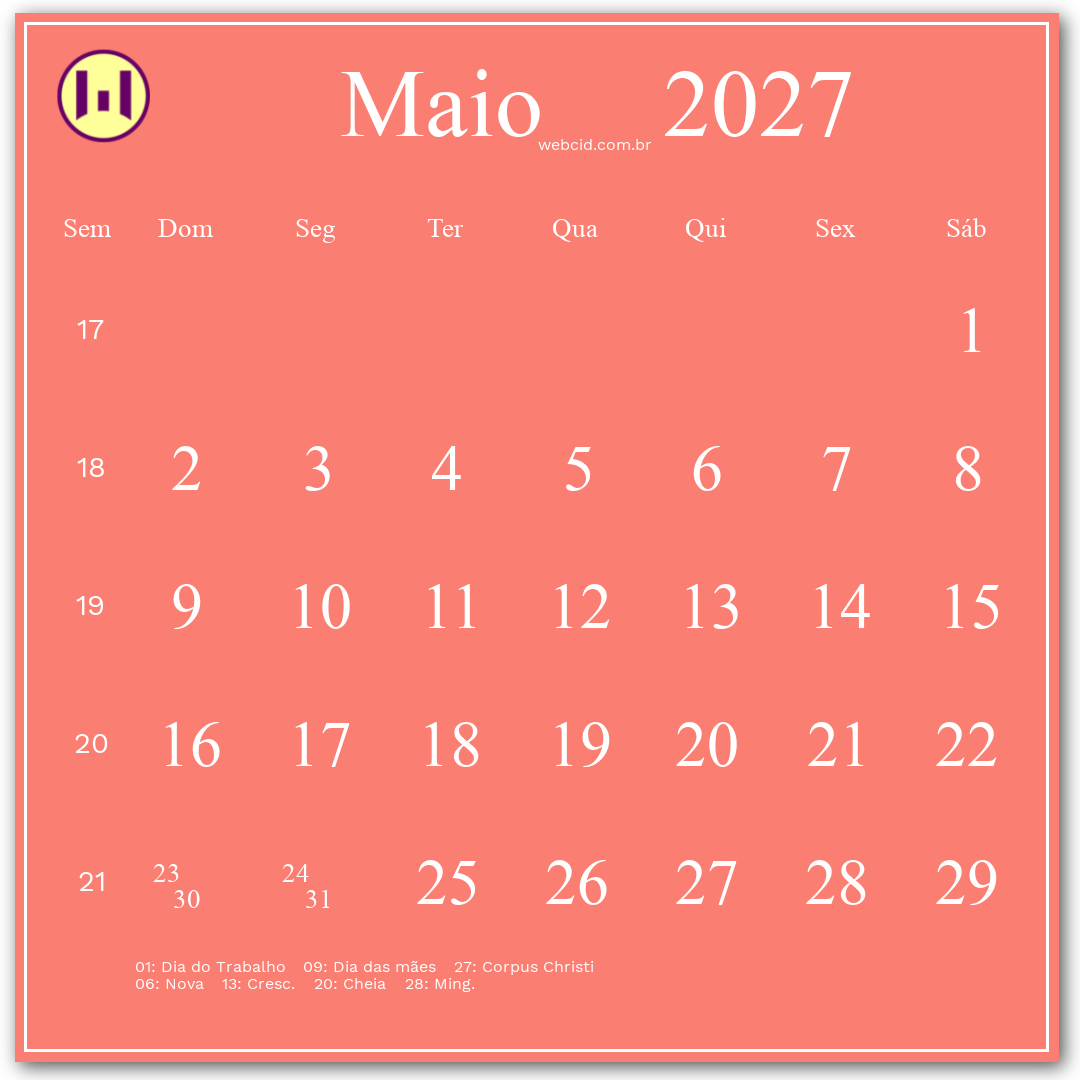 Calendário 2027 - Maio - Brasil com feriados e fases da lua