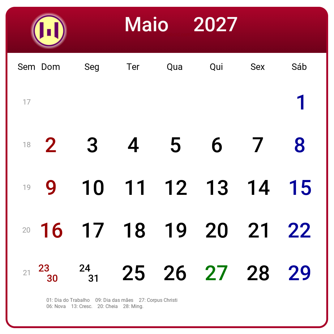 Calendário 2027 - Maio - Brasil com feriados e fases da lua