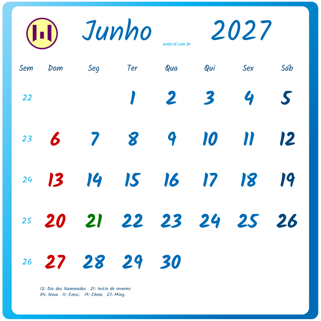 Calendário 2027 - Junho - Brasil com feriados e fases da lua