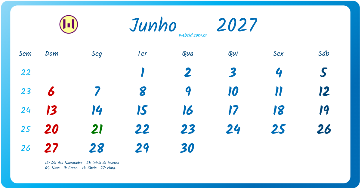 Calendário 2027 - Junho - Brasil com feriados e fases da lua