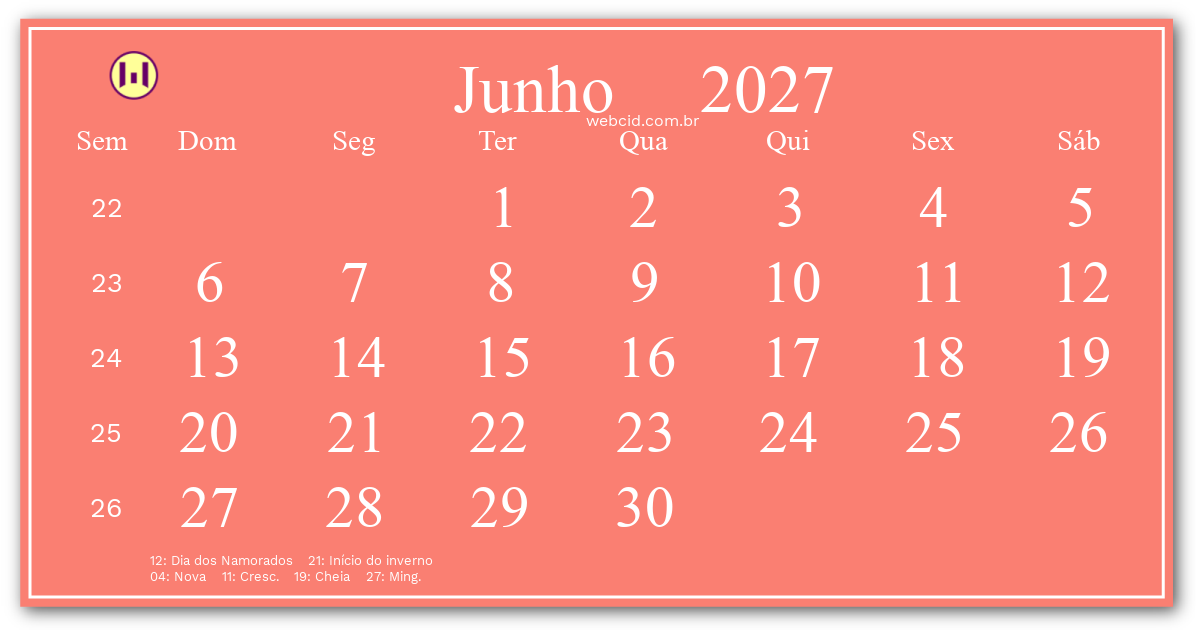 Calendário 2027 - Junho - Brasil com feriados e fases da lua