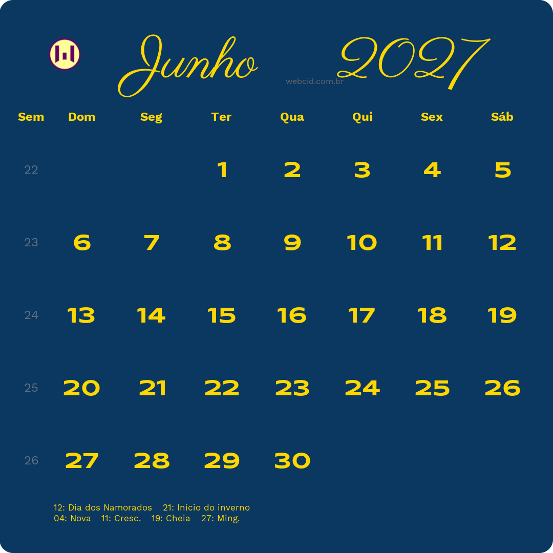 Calendário 2027 - Junho - Brasil com feriados e fases da lua