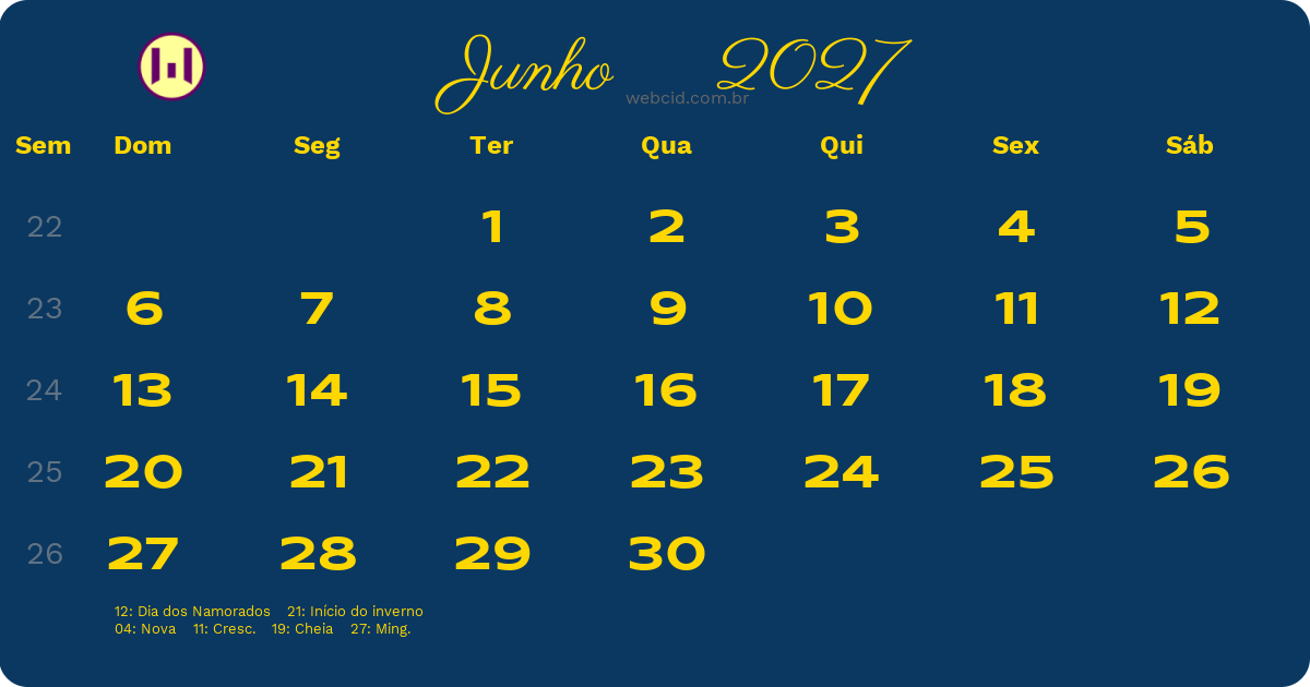 Calendário 2027 - Junho - Brasil com feriados e fases da lua