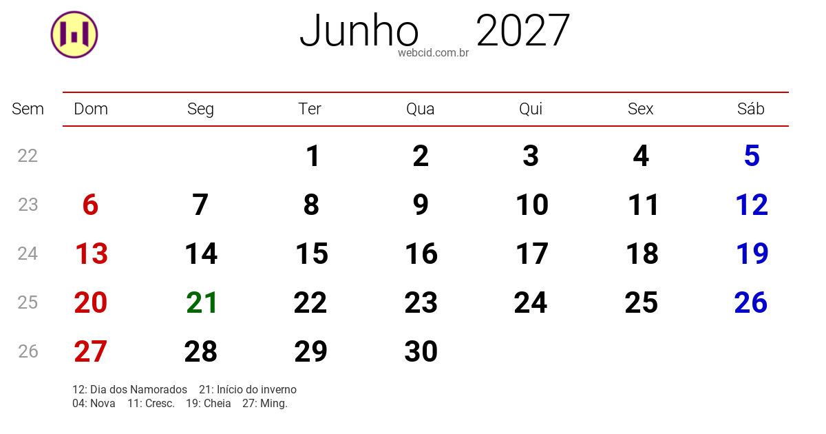 Calendário 2027 - Junho - Brasil com feriados e fases da lua