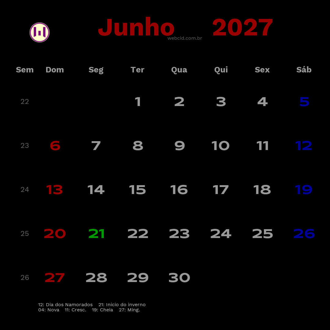 Calendário 2027 - Junho - Brasil com feriados e fases da lua