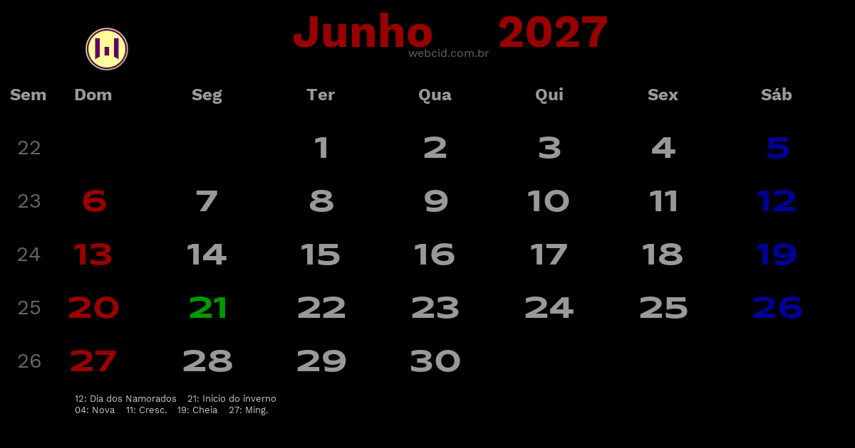 Calendário 2027 - Junho - Brasil com feriados e fases da lua