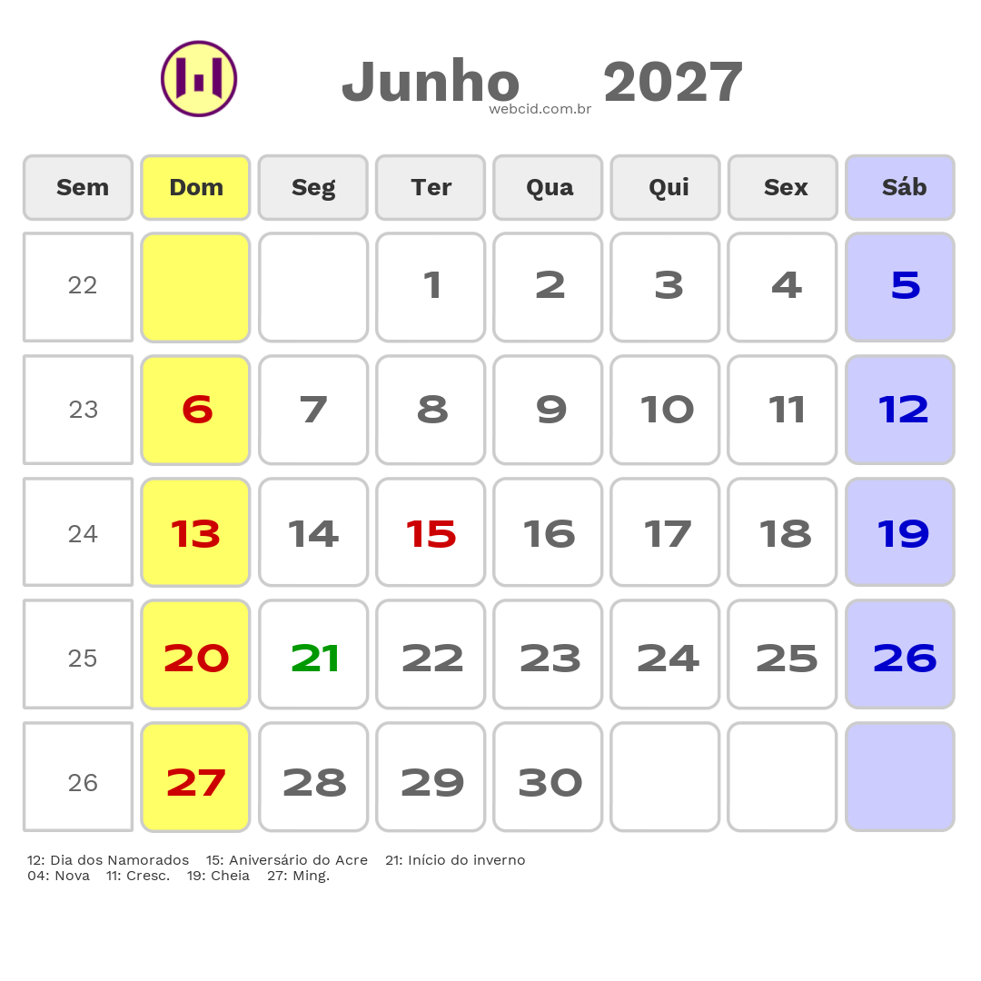 Calendário 2027 - Junho - Feijó-AC com feriados e fases da lua