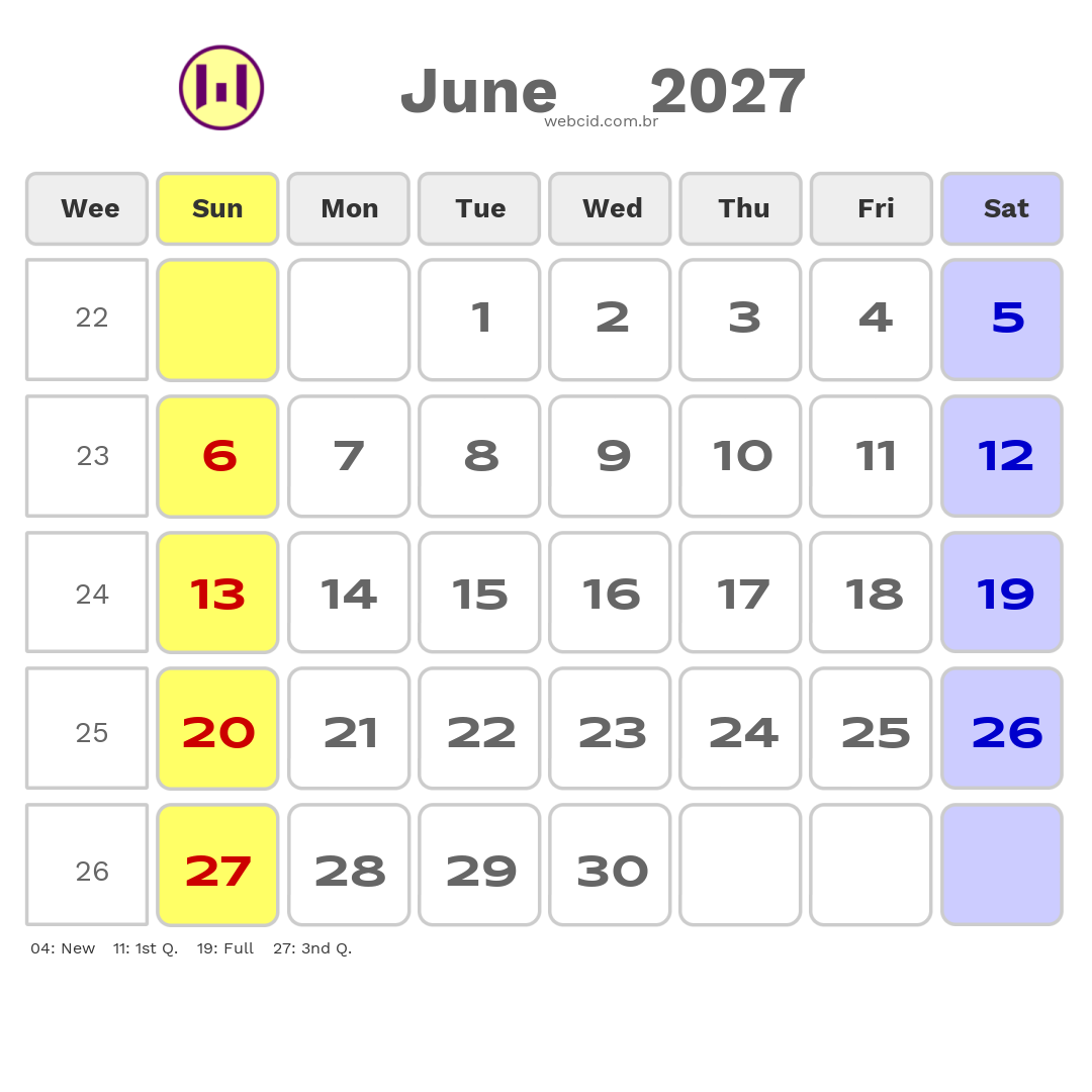 Calendar 2027 - June - Austrália com feriados e fases da lua