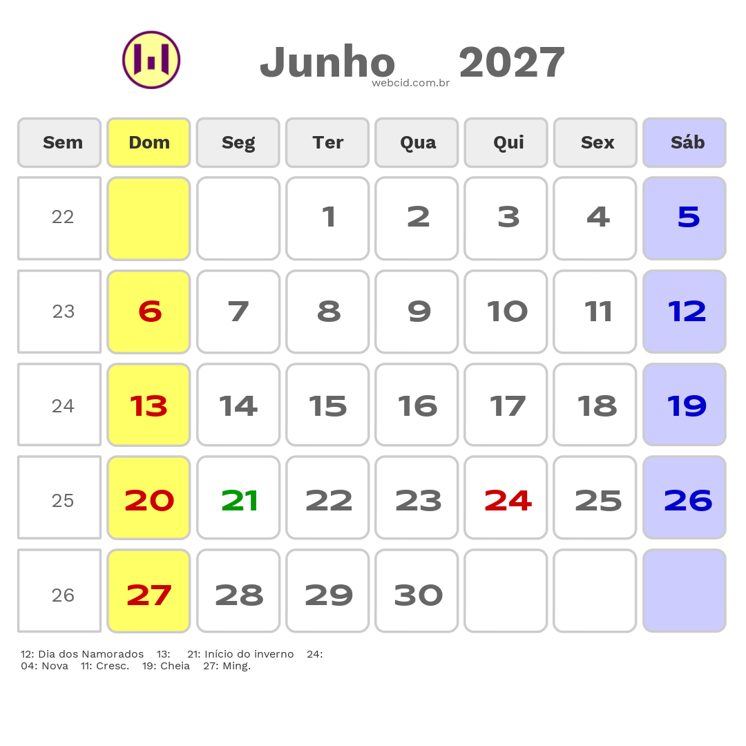 Calendário 2027 - Junho - Nova Fatima-BA com feriados e fases da lua