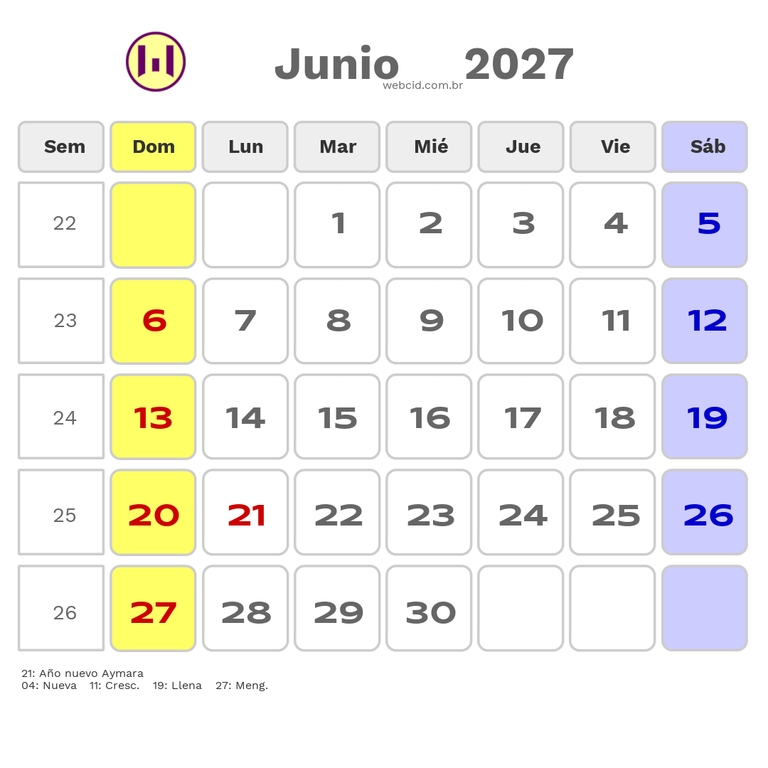 Calendario 2027 - Junio - Bolívia com feriados e fases da lua