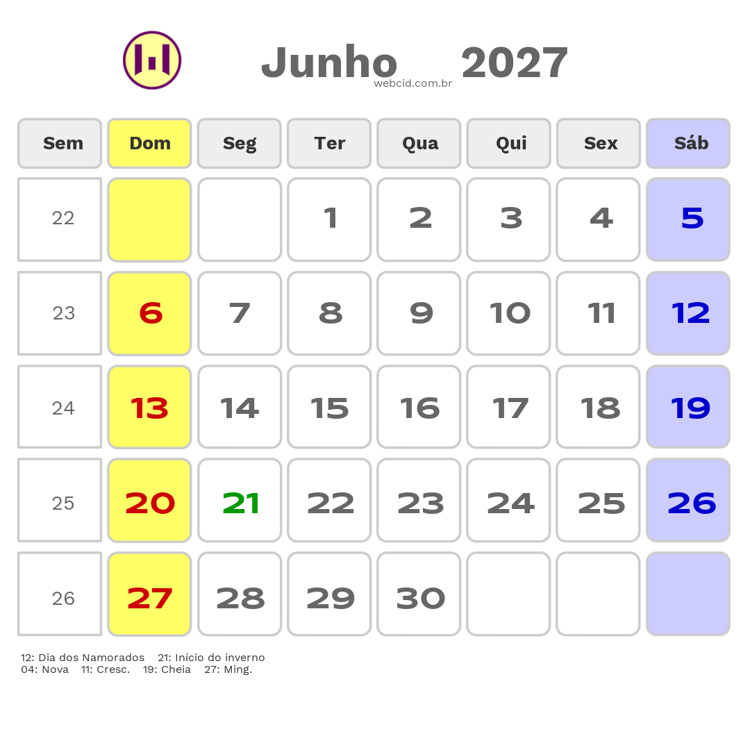 Calendário 2027 - Junho - Brasil com feriados e fases da lua