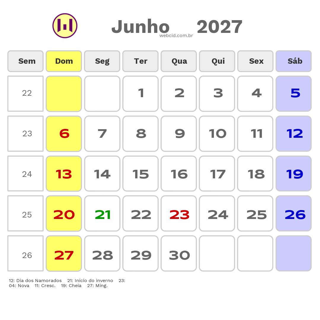 Calendário 2027 - Junho - Eusebio-CE com feriados e fases da lua
