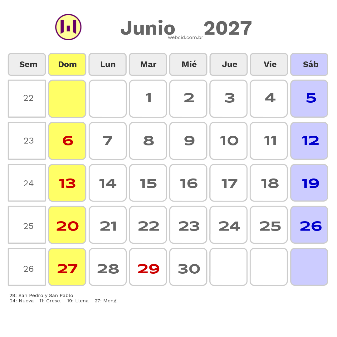 Calendario 2027 - Junio - Colômbia com feriados e fases da lua