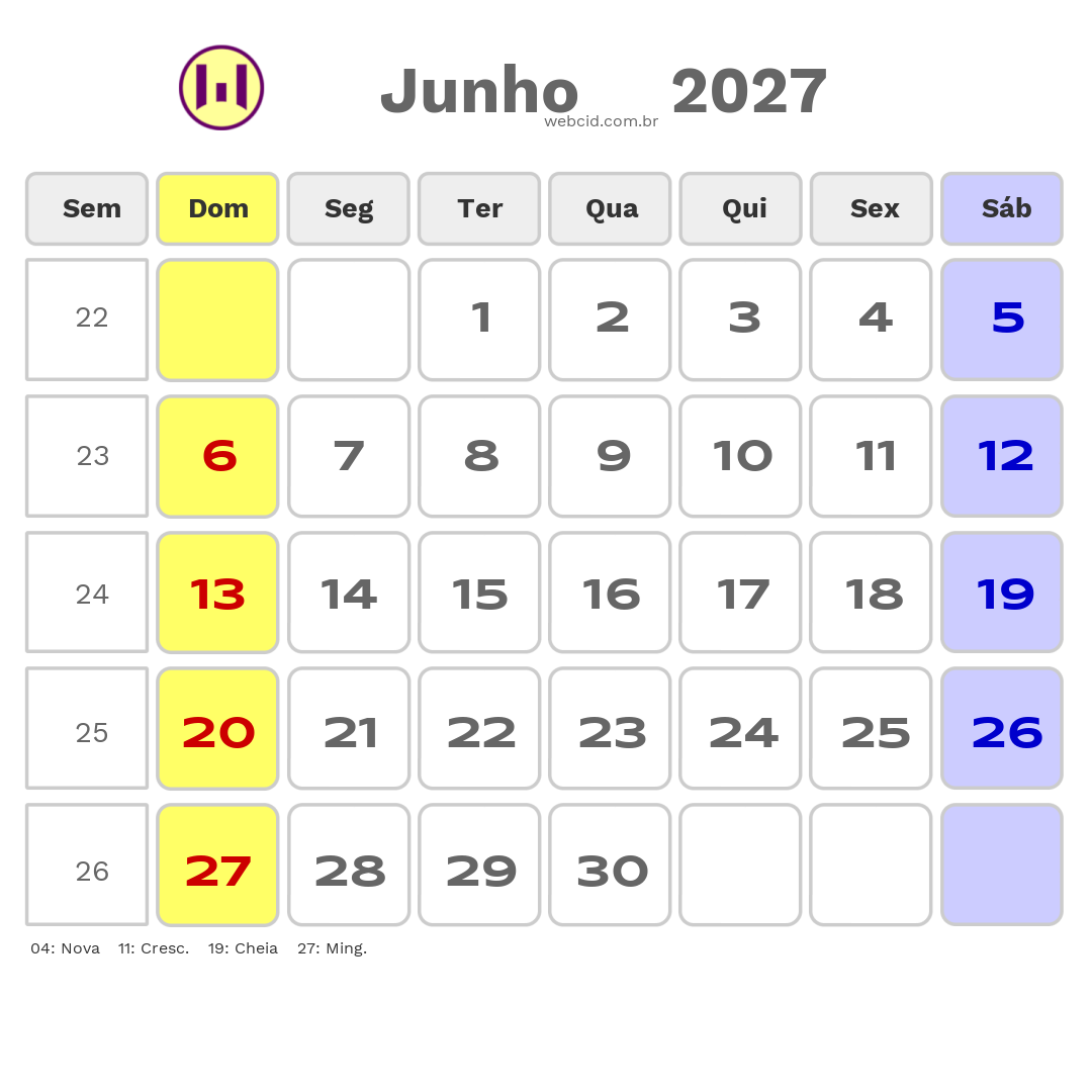 Calendário 2027 - Junho - Copa do Mundo FIFA com feriados e fases da lua