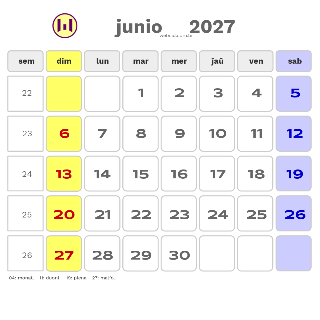 Kalendaro 2027 - junio - Esperanto-ESPERANTO com feriados e fases da lua