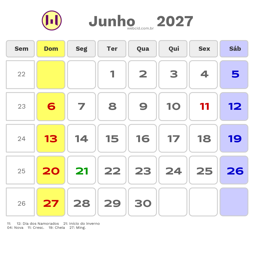 Calendário 2027 - Junho - Carmo do Rio Verde-GO com feriados e fases da lua