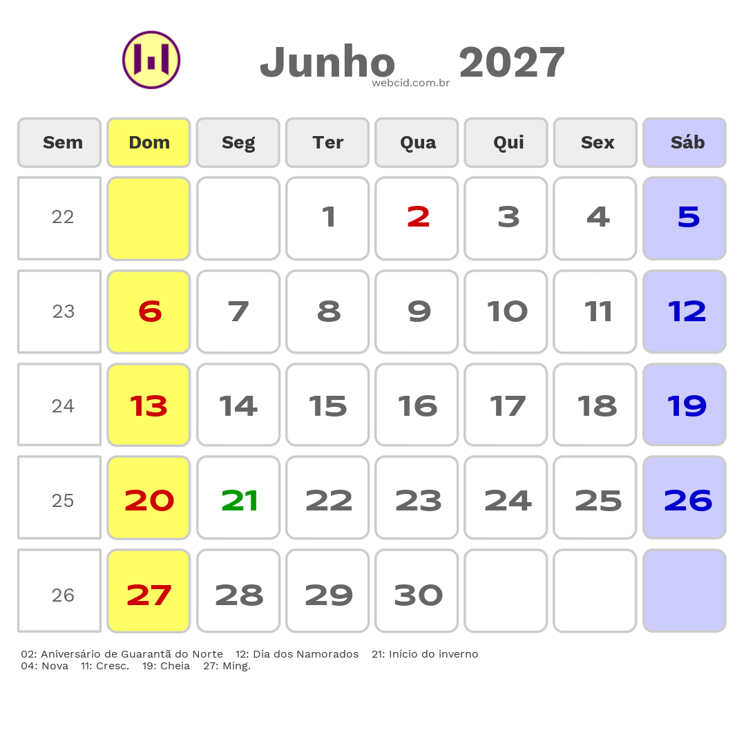 Calendário 2027 - Junho - Guarantã do Norte-MT com feriados e fases da lua