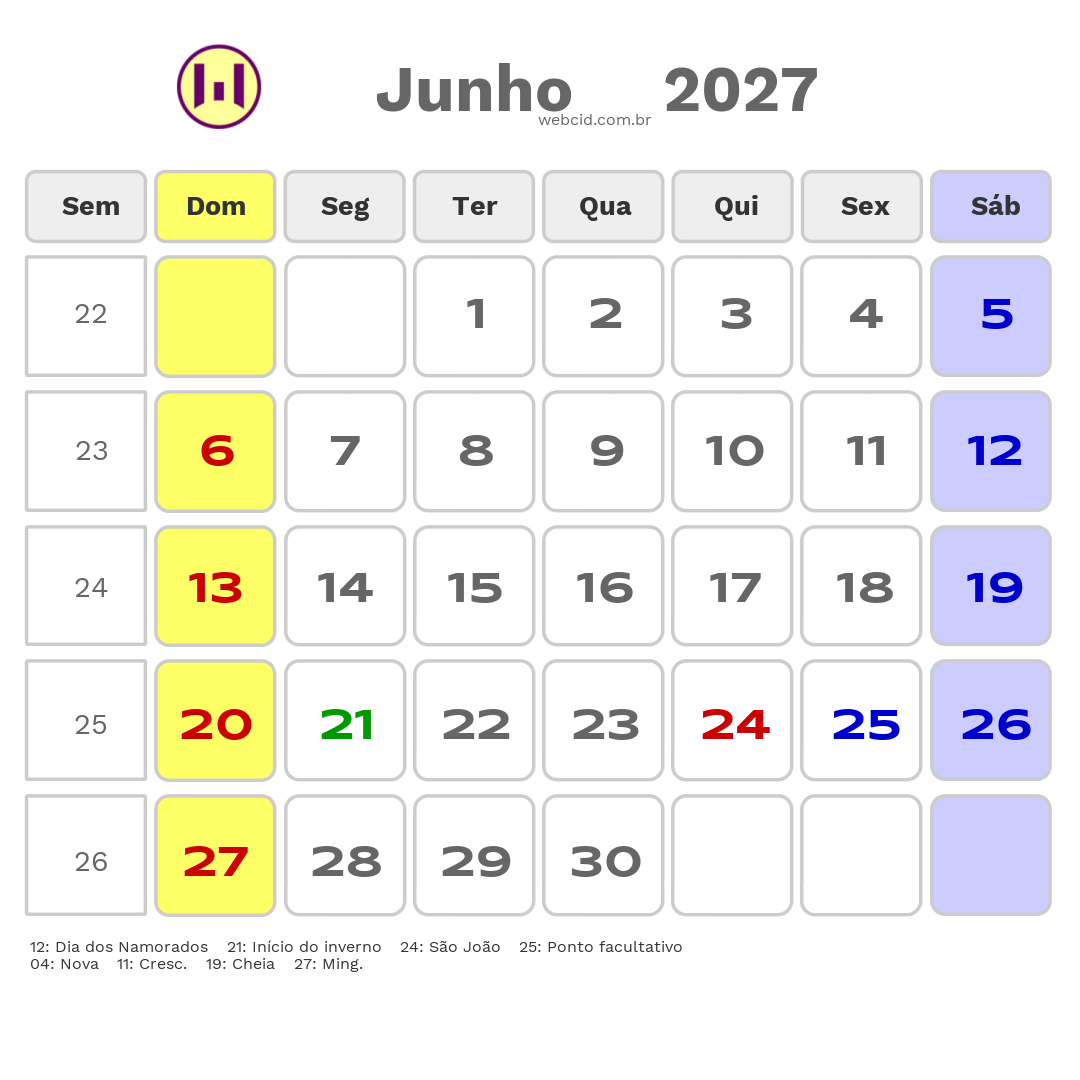 Calendário 2027 - Junho - Trindade-PE com feriados e fases da lua